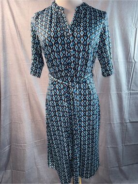 1792-Stella & Julie Blue Geometric Midi Shirt Dress with Tie Waist